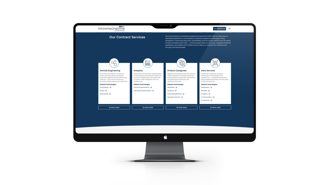 Mockup iMac con la sezione pilastri del sito web Micromacinazione