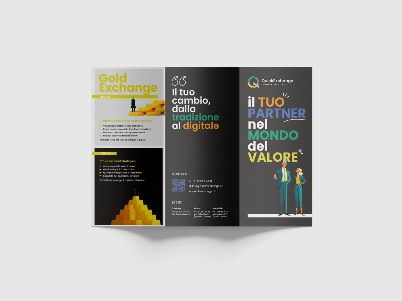 Seconda vista della brochure trifold stampata per QuickExchange