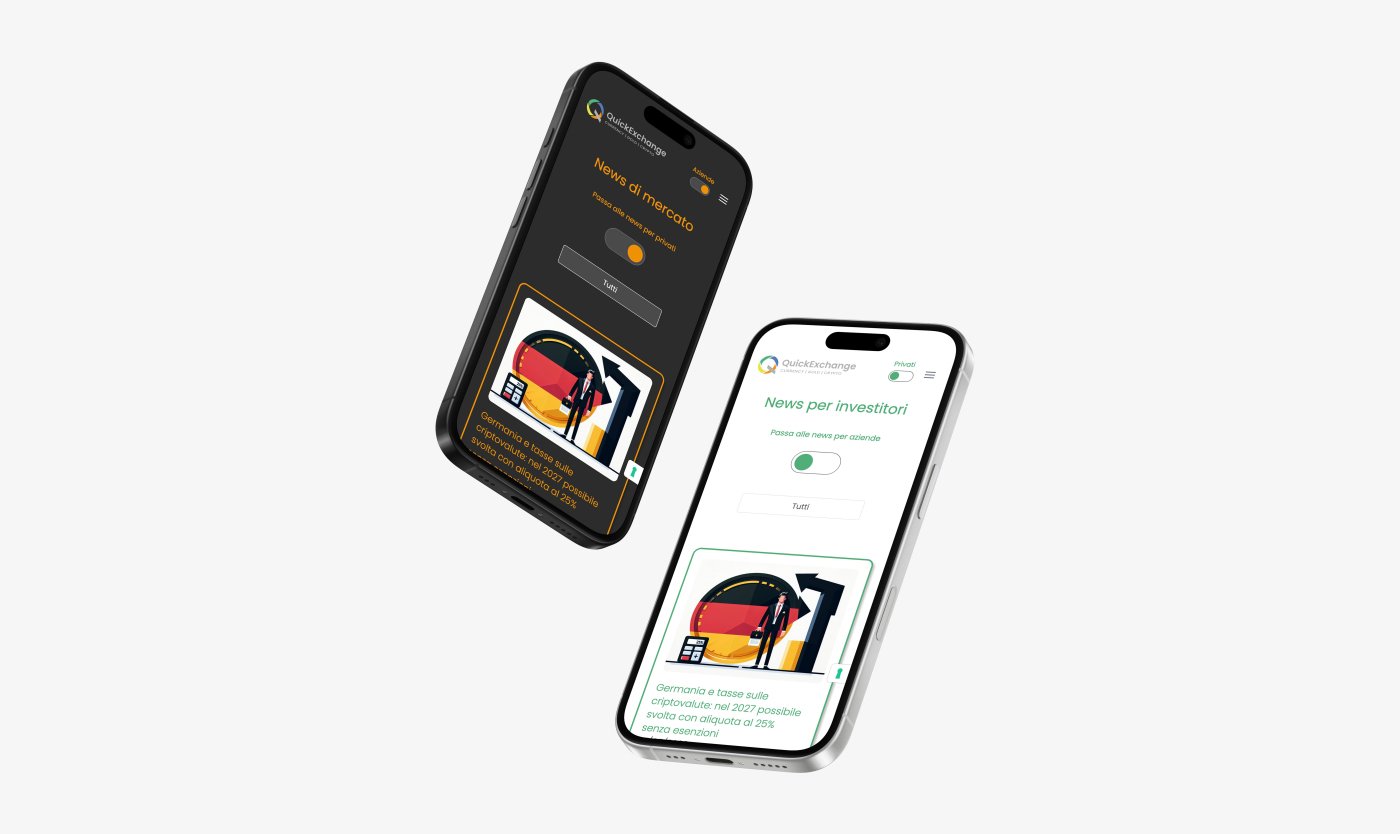 Mockup iPhone con la sezione news del sito web QuickExchange